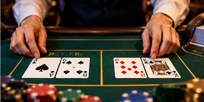 A dealer reveals the cards used to determine Player and Banker outcomes.