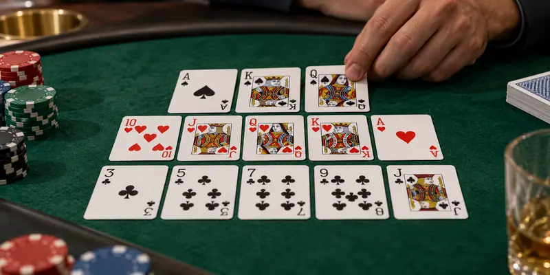 Thirteen playing cards arranged into three competitive Chinese Poker hands.